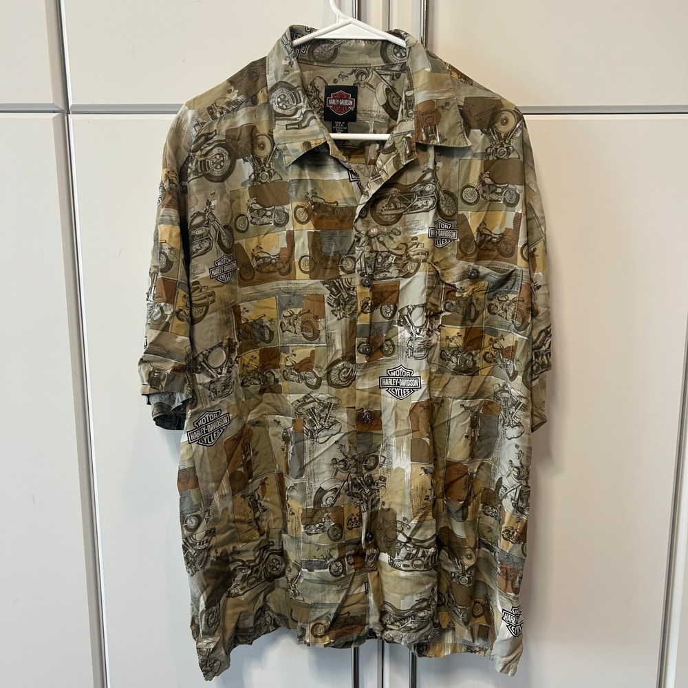 Harley Davidson Motorcycle Print Button Up Shirt Mens 2XL Tan Brown Short Sleeve